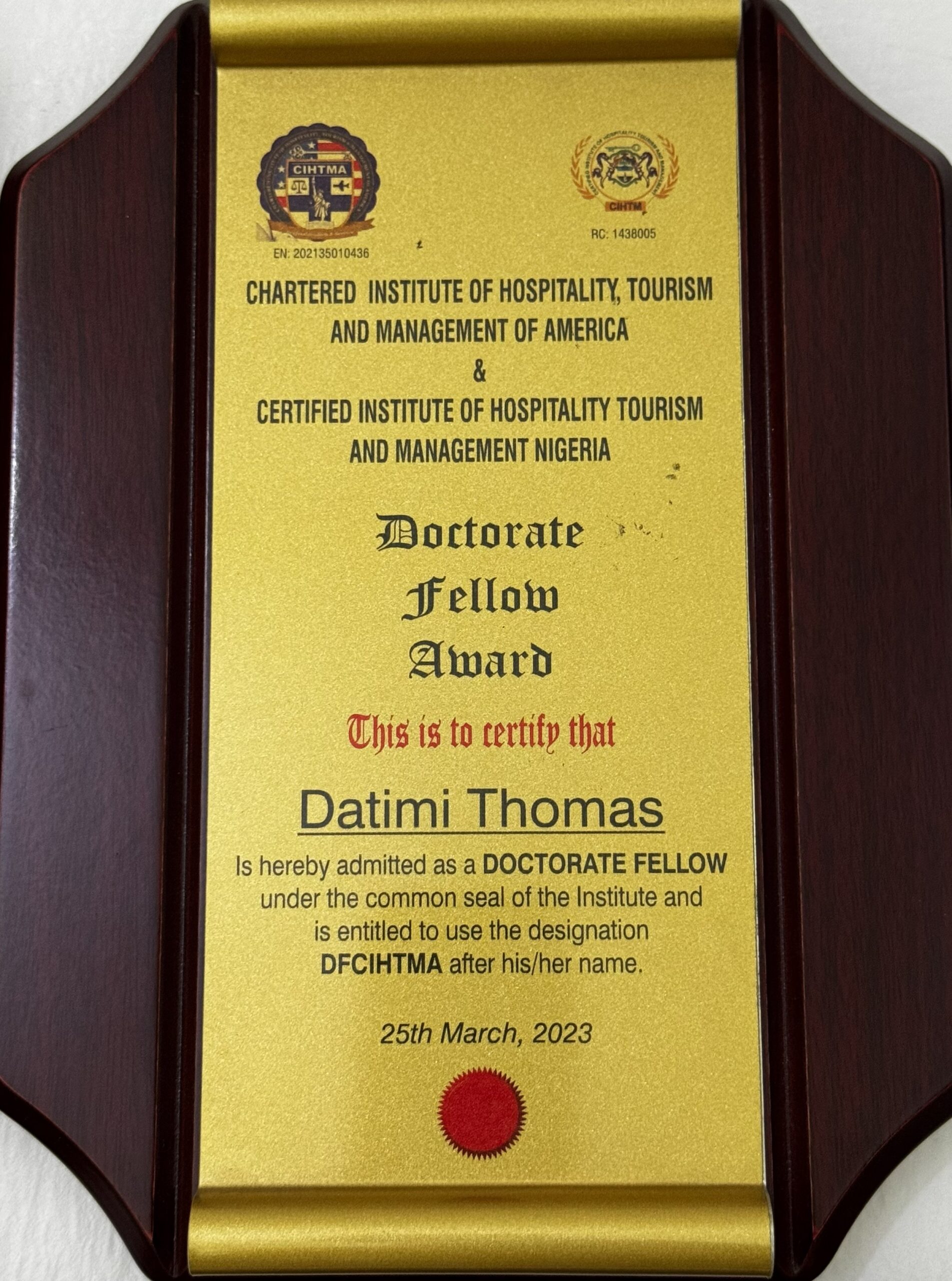 Doctorate Fellow Award (Chartered Institute of Hospitality, Tourism and Management)