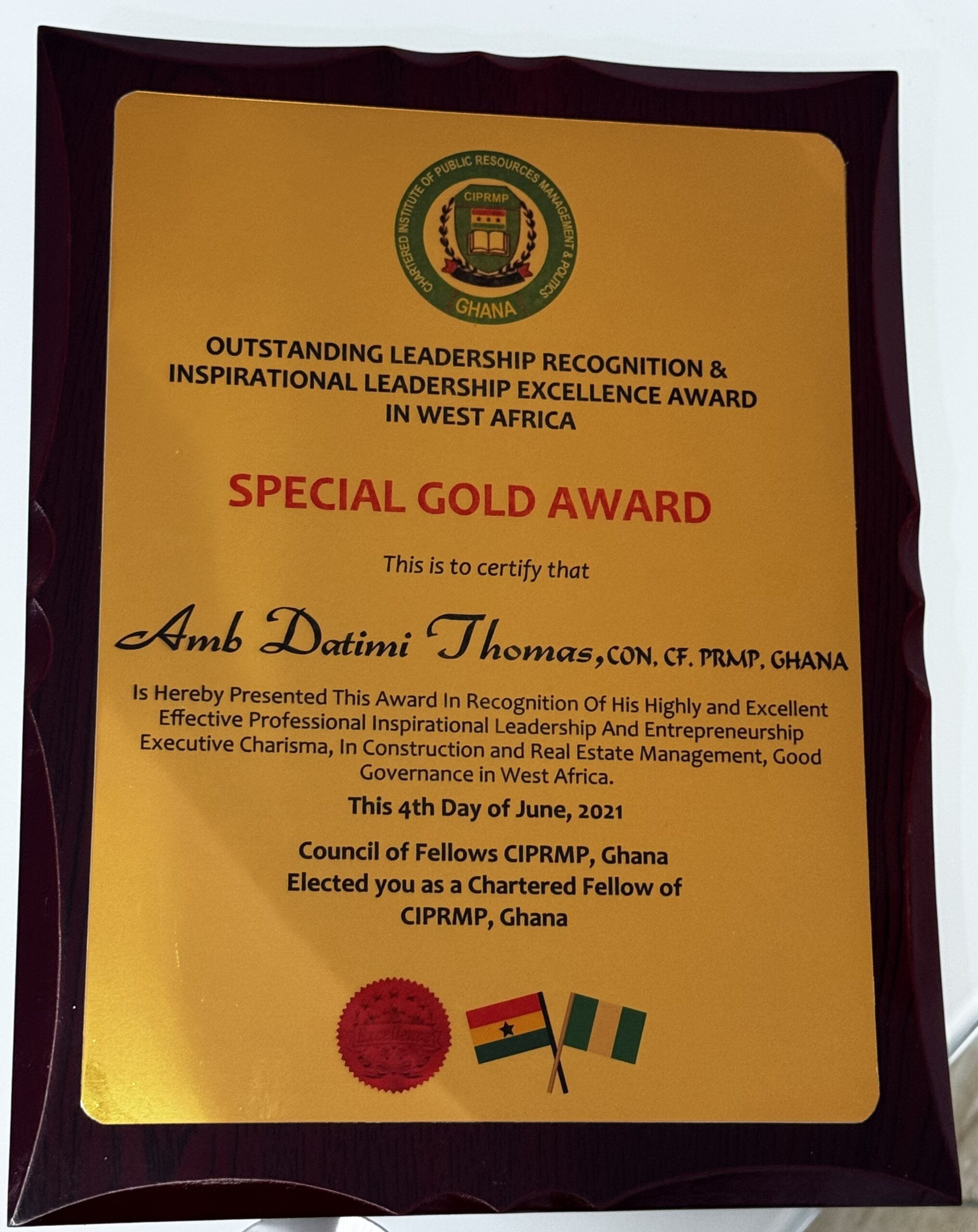 Special Gold Award — Chartered Institute of Public Resources Management & Politics, Ghana