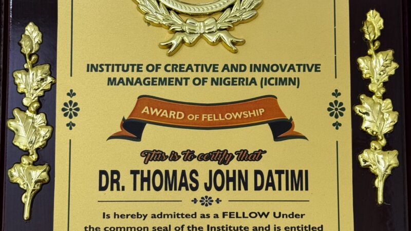 Award of Fellowship (Institute of Creative and Innovative Management of Nigeria – ICIMN)