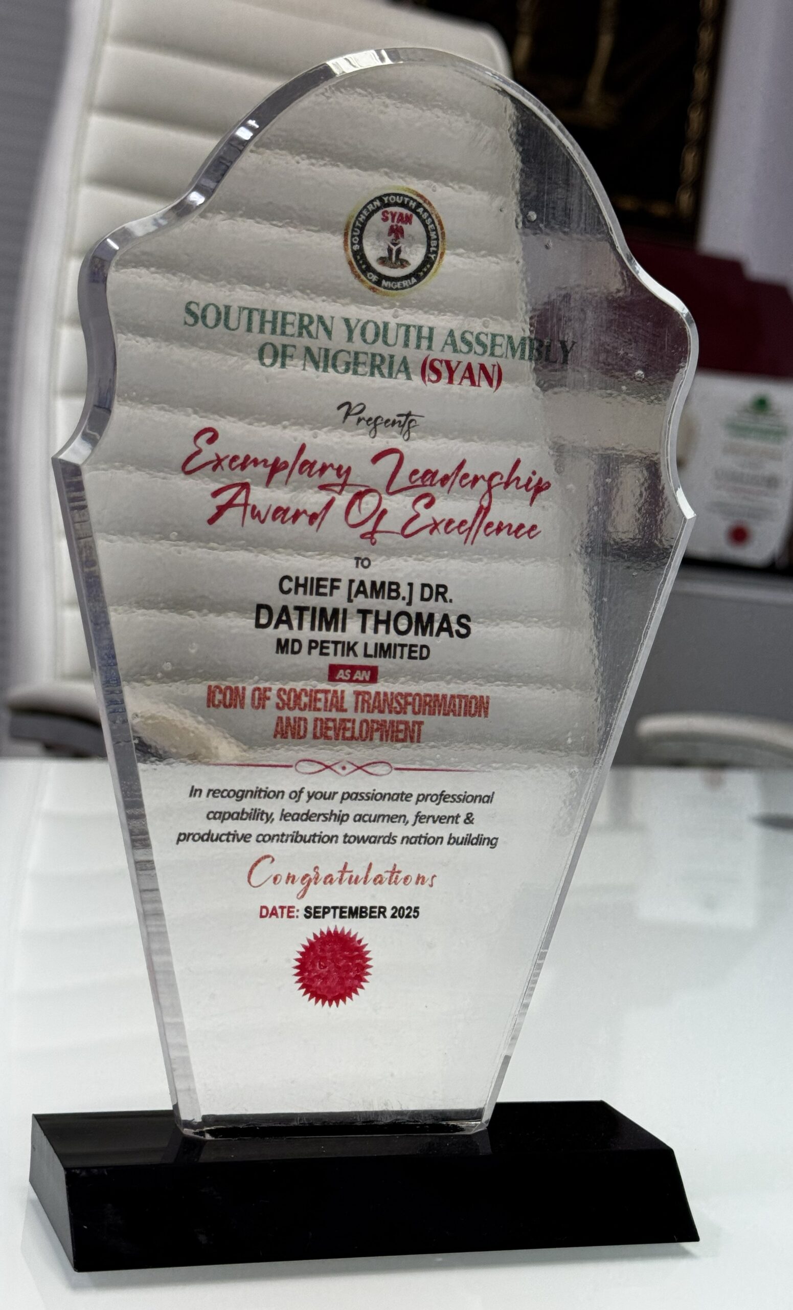 Exemplary Leadership Award of Excellence — Southern Youth Assembly of Nigeria (SYAN)