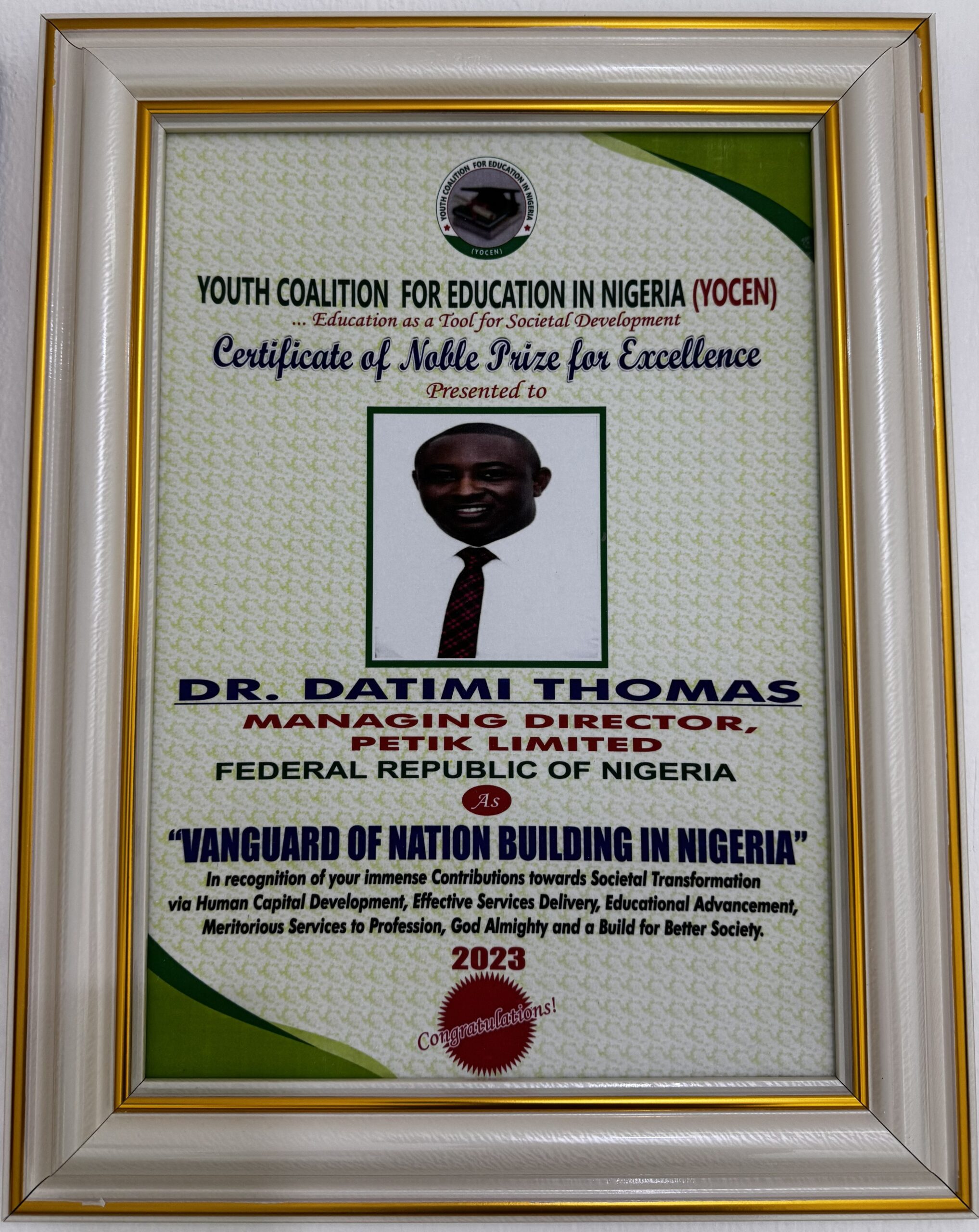 Certificate of Noble Prize for Excellence — Youth Coalition for Education in Nigeria (YOCEN)