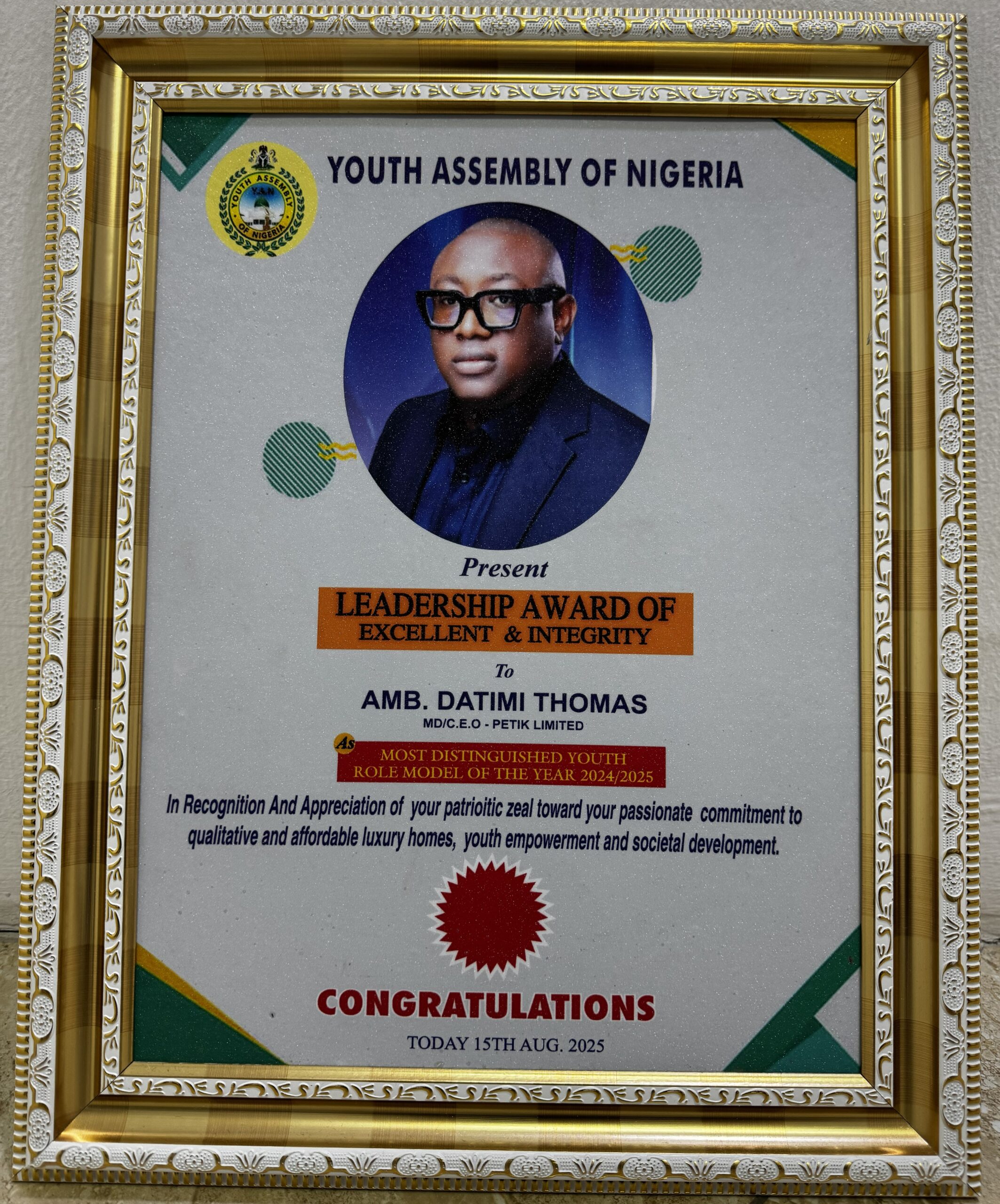 Leadership Award of Excellent & Integrity — Youth Assembly of Nigeria (YAN)